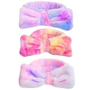 Spa Headband Makeup Skincare Face Wash Fuzzy Bow Tie Dye 3 Pack Women Microfiber